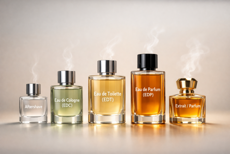 Infografika stężeń perfum — ekstrakt (parfum), woda perfumowana (EDP), woda toaletowa (EDT), woda kolońska (EDC)