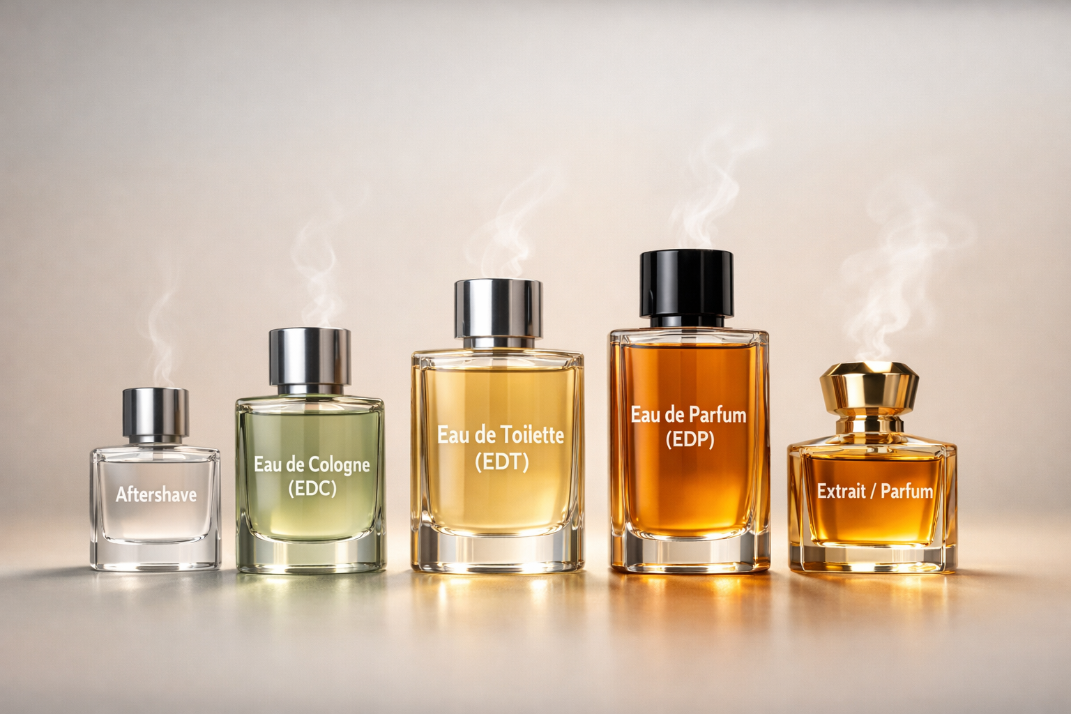 Infografika stężeń perfum — ekstrakt (parfum), woda perfumowana (EDP), woda toaletowa (EDT), woda kolońska (EDC)